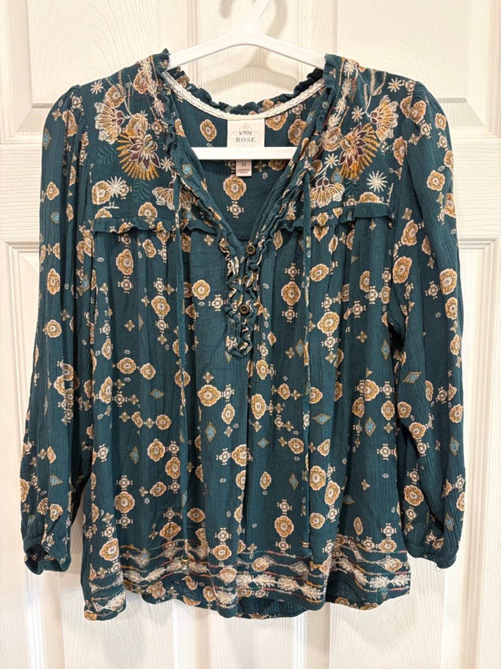 Knox Rose Teal Floral Peasant Tie-Front Blouse - Picture 8 of 8